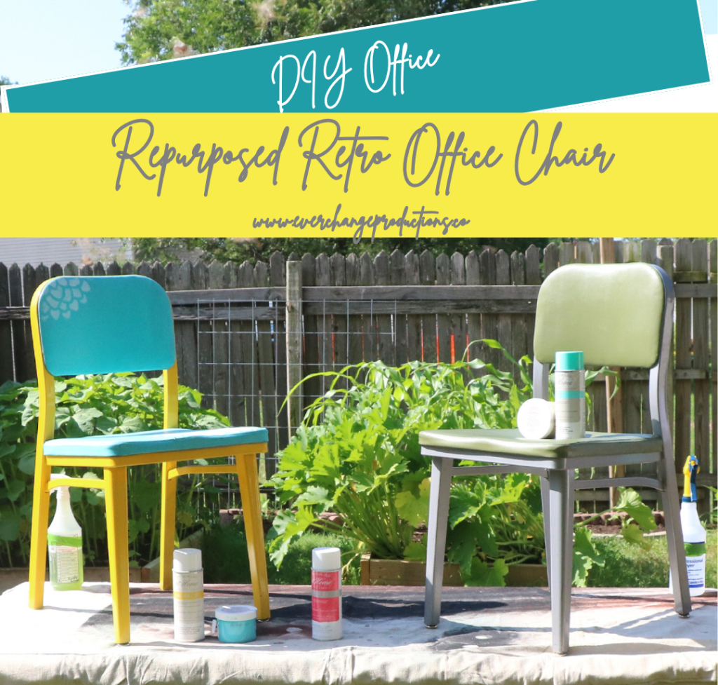 Picture of old green retro chair compared with new blue and yellow office chair with caption "DIY Office: Repurposed Retro Office Chair"