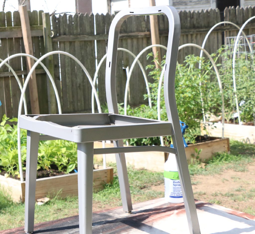 On the back of the office chair you will see two little screws on the top of the back cushion. Simply remove them the screws using a screw driver.  By removing the cushions, it will be much easier to paint without fear of the colors cross contaminating. Also, while one section is drying, you can work on the other section.  On the bottom of the seat where are 4 tabs that hold the cushion in place. With a pair of pliers just bend them back so you can remove the seat from the frame.