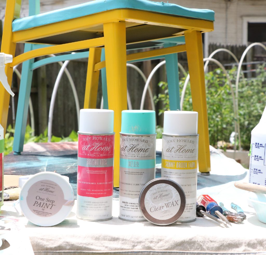 A picture of all the Amy Howard products we used for this project. We use Amy Howard furniture restoration products for our tutorial on how to repurpose a retro office chair.