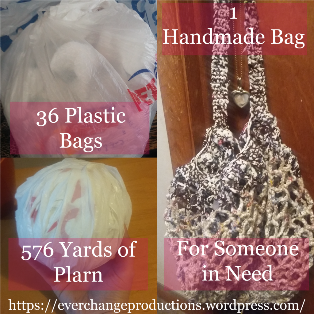 We cut up 36 bags, to make 576 yards of plarn to make one bag for someone in need.