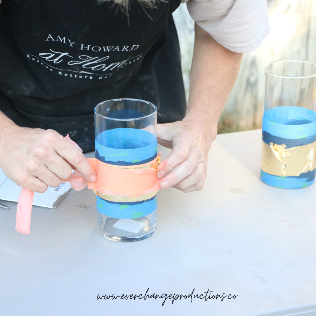 Once your One-Step paint has dried, it's time to add the finishing touch. Take the gilding size and cover the area you'd like to finish. Lay down your leaf on the wet gilding size. It doesn't have to be perfect because you'll brush off any imperfections. Lay down as many leaves as you need to cover the designated area.