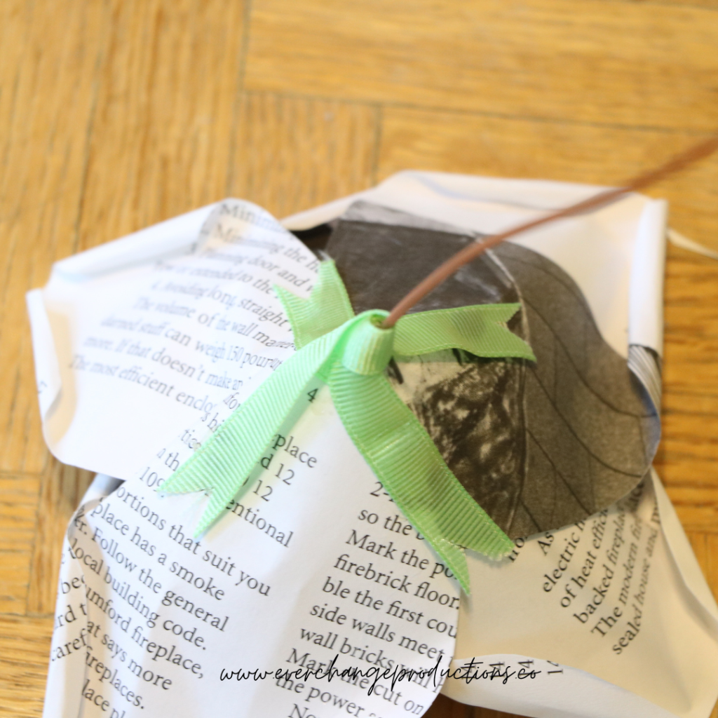 Cover your final seams and create a nice polished look with a piece of ribbon. Cut two – 4 inch lengths of ribbon for each flower. Wrap them around the stem and secure to the undersides of the petals. Cut a ‘V’ into each end of the ribbons to finish.