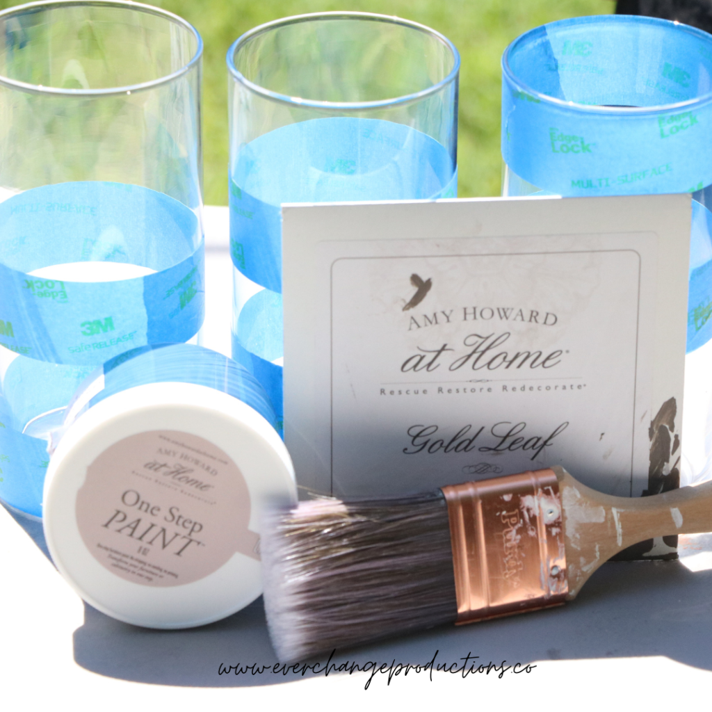 Materials Needed: Glasses, Cleaning Solution (Clean Slate or Simply Green), One-Step Paint Brush, Gilding Size and Imitation Gold Leaf