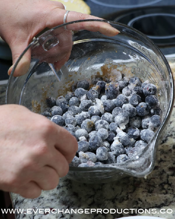 Toss blueberries in ¼ cup flour and ½ c sugar.