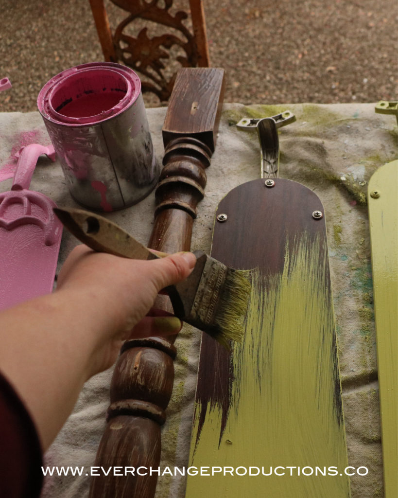 Step Three: Paint  So now that your prep work is done, you can start decorating your fan blade dragonfly. If you use the chalk-based paint, then start with a thin coat. You don't need to worry about getting every spot covered. This paint can be kind of thick, so a thin coat to start will help your pieces look smooth when covered.