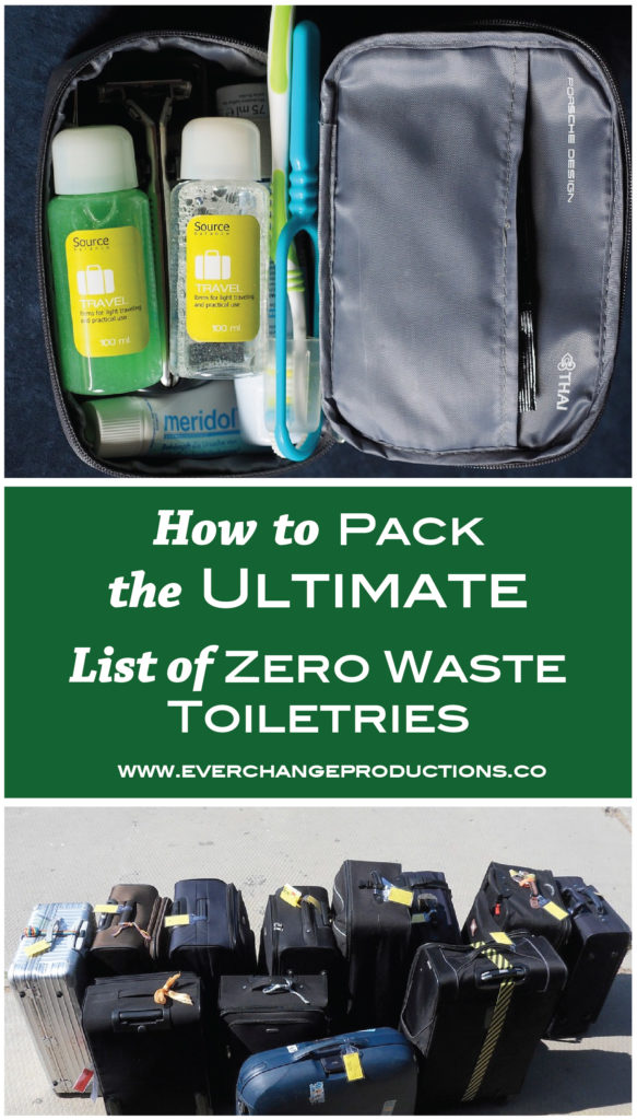 These zero waste toiletries with plastic alternatives to standard travel kits and creative storage and travel solutions using items from around the house.