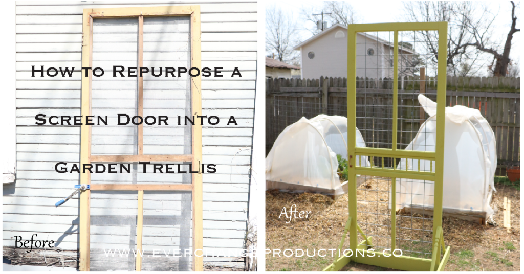 Before and After of a Screen Door turned into a trellis