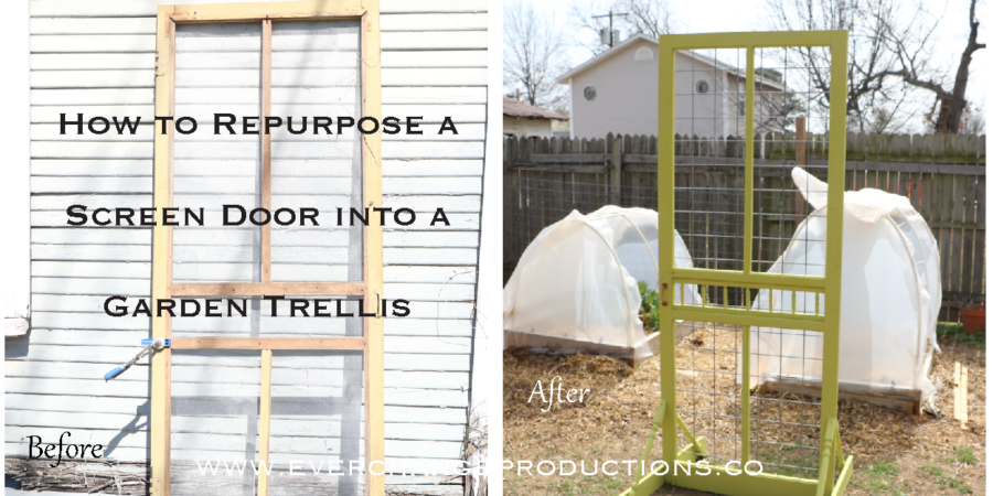 Before and After of a Screen Door turned into a trellis