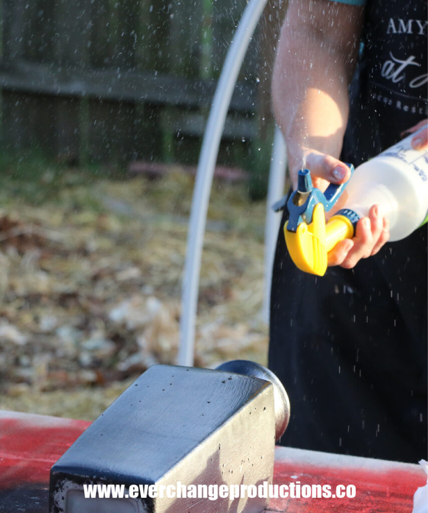 Step Seven. Using a spray bottle to add droplets of water to create a mercury affect