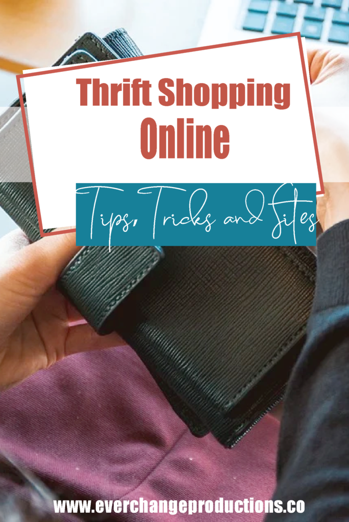 Feature image wih wallet and computer with thrift shopping online tips, tricks and sites.