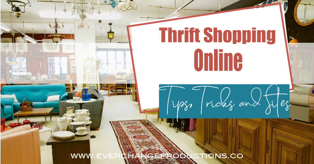 Feature image wih store layout in background with thrift shopping online tips, tricks and sites.