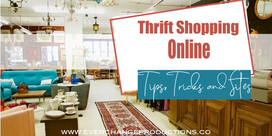 Feature image wih store layout in background with thrift shopping online tips, tricks and sites.