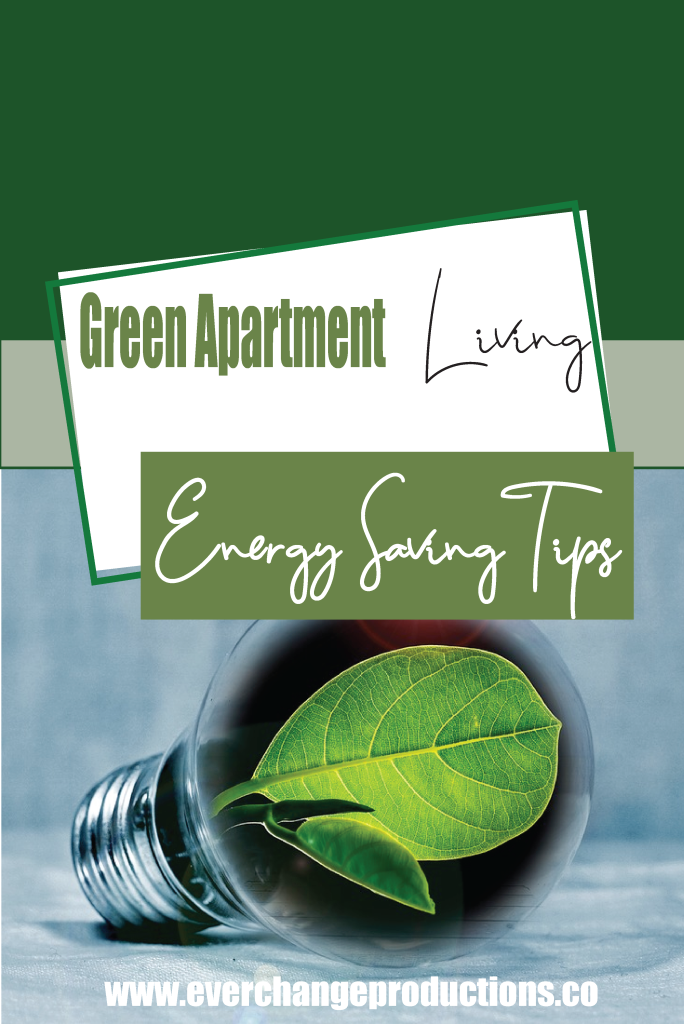 Light bulb with leaf labeled "Green apartment living: energy saving tips"