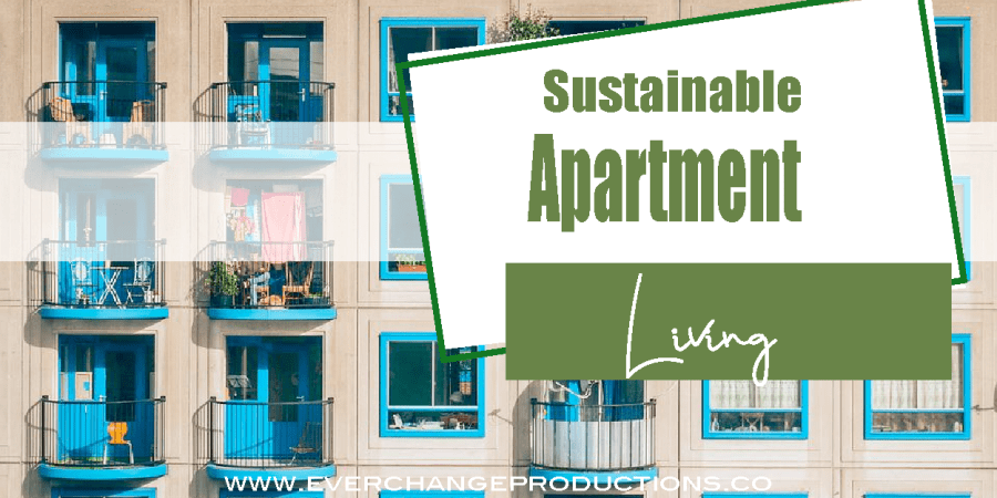 apartment building with build window frames and plants on balconies labeled "sustainable apartment living"