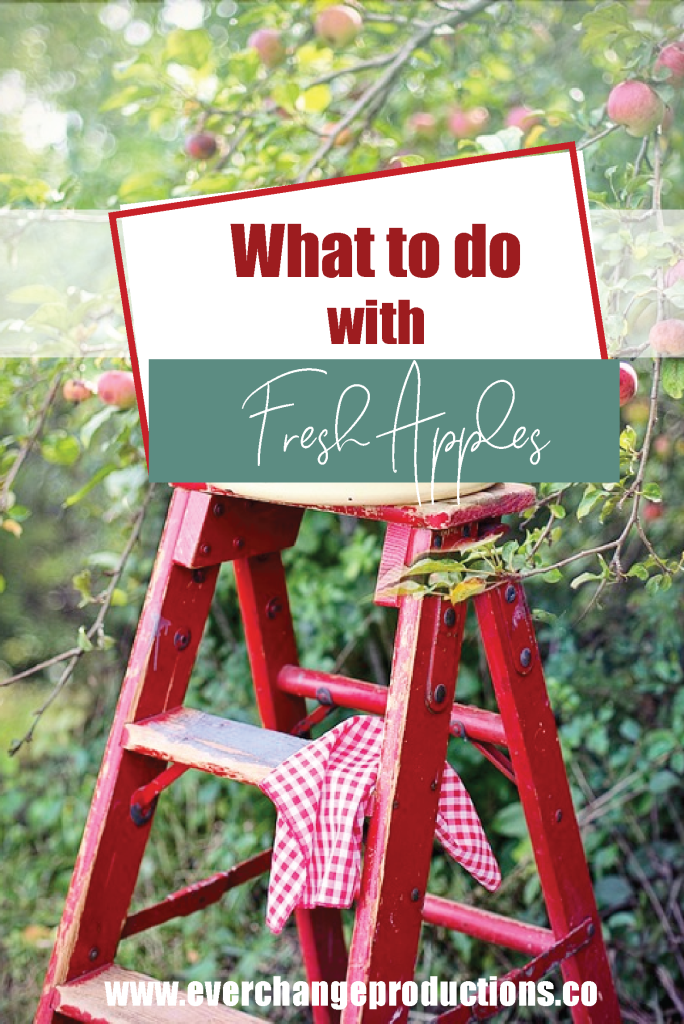 A picture of a red step ladder in front of an apple tree with the text "what to do with fresh apples"