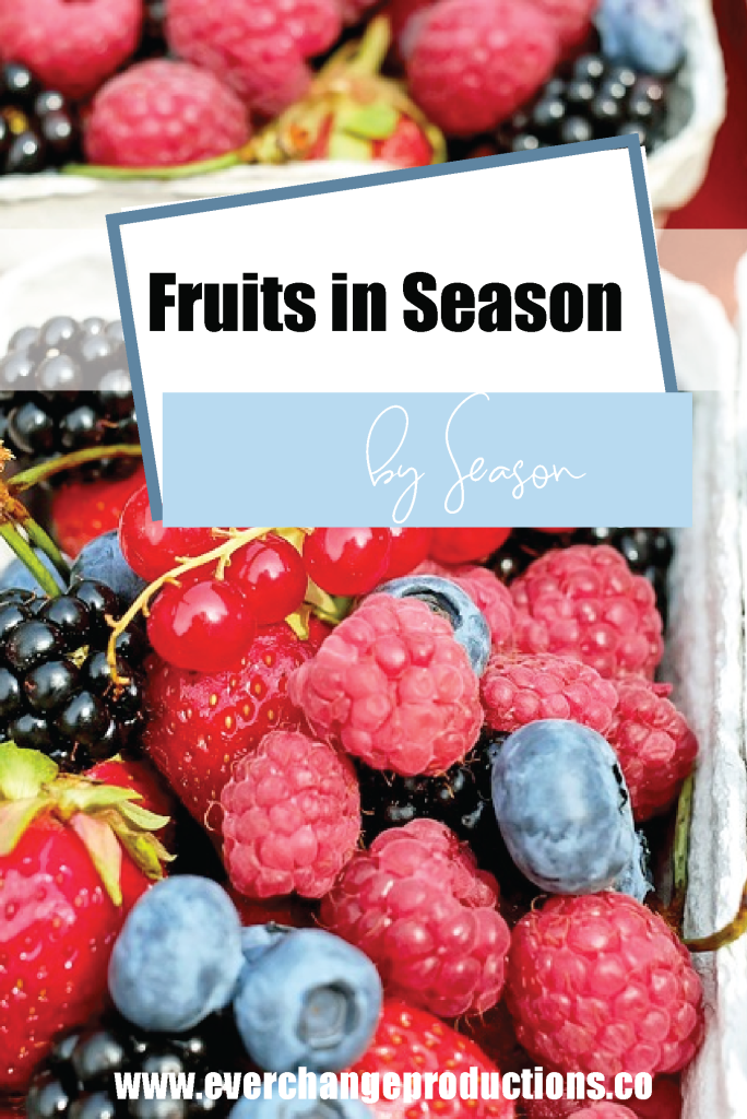 a picture of various fruits with text "fruits in season by month"