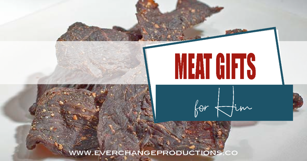 A pile of beef jerky with a label "meat gifts for him"