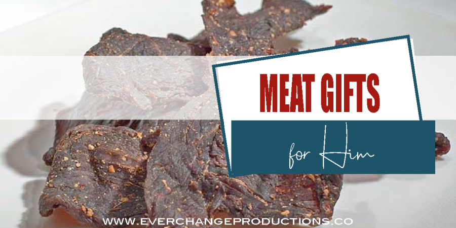 A pile of beef jerky with a label "meat gifts for him"