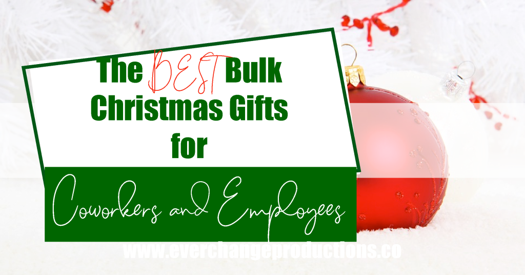 Picture of white snowy background with red ornament caption "the Best bulk Christmas gifts for co-workers and employees."
