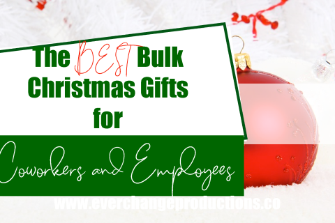 Picture of white snowy background with red ornament caption "the Best bulk Christmas gifts for co-workers and employees."