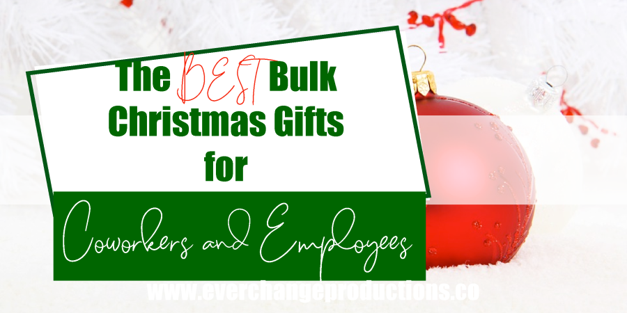 Picture of white snowy background with red ornament caption "the Best bulk Christmas gifts for co-workers and employees."