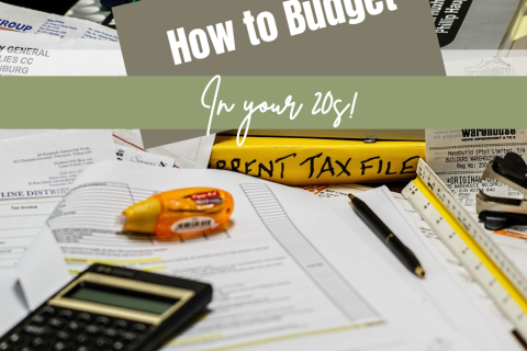 A picture spread of calculator, budget, income tax books with the title "how to budget in your 20s"