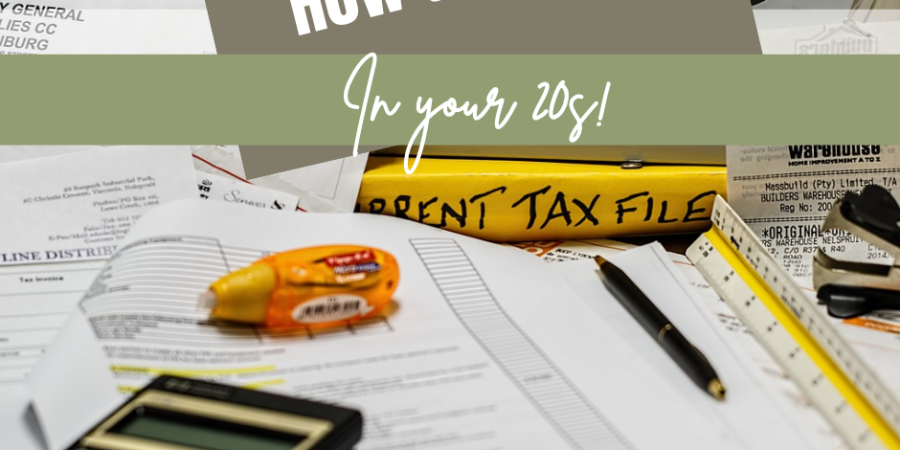 A picture spread of calculator, budget, income tax books with the title "how to budget in your 20s"