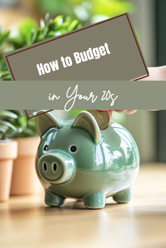 An image with a piggy bank and a quarter with the title "how to budget in your 20s"